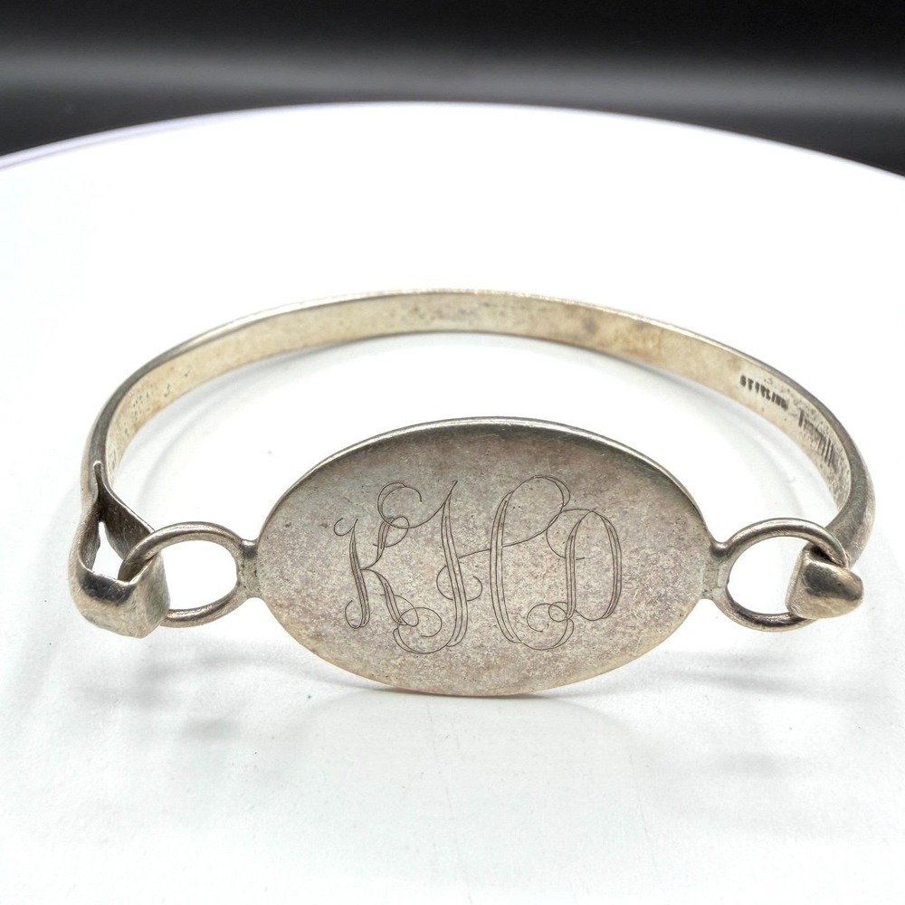 925 Sterling Silver Engraved Monogram ID Bangle Bracelet Oval Initials Antique